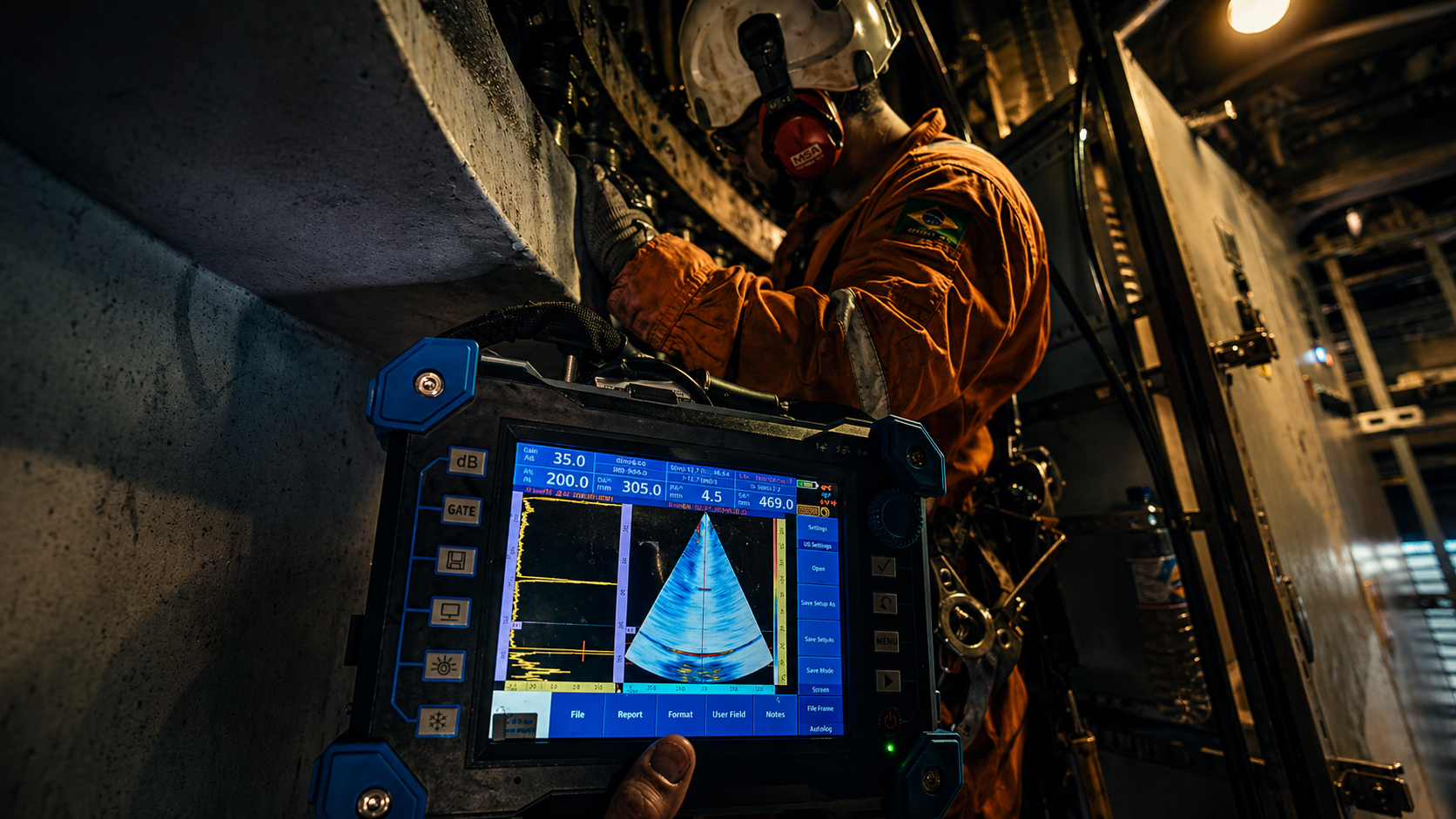 O aparelho de Phased Array durante a inspeção  O equipamento de Ultrassom Phased Array (PAUT) é utilizado durante a inspeção para emitir e receber ondas ultrassônicas por meio de um transdutor com múltiplos elementos, controlados eletronicamente.  Durante a execução, o aparelho permite:  📡 Varredura angular eletrônica (sectorial scan) sem necessidade de reposicionamento constante do transdutor 🎯 Focalização do feixe ultrassônico, aumentando a sensibilidade na detecção de descontinuidades 📊 Visualização em tempo real através de imagens A-scan, B-scan e S-scan 📏 Medição e dimensionamento preciso de indicações (trincas, falta de fusão, inclusões, etc.) 💾 Registro e armazenamento digital dos dados, garantindo rastreabilidade da inspeção  O equipamento é previamente calibrado utilizando blocos padrão (ex: V1/V2 ou específicos da aplicação), ajustando parâmetros como:  Velocidade do som no material Ganho e TCG (Time Corrected Gain) Sensibilidade de referência Faixa de inspeção (range)  Durante a inspeção, o operador monitora continuamente os sinais e interpreta as indicações conforme critérios de aceitação aplicáveis (ex: AWS D1.1, ASME, API).  ⚙️ Versão mais curta (relatório)  O equipamento de Phased Array foi utilizado para realização da inspeção, permitindo varredura angular, geração de imagens em tempo real e dimensionamento preciso de descontinuidades. Todos os dados foram registrados digitalmente, garantindo rastreabilidade e confiabilidade dos resultados.